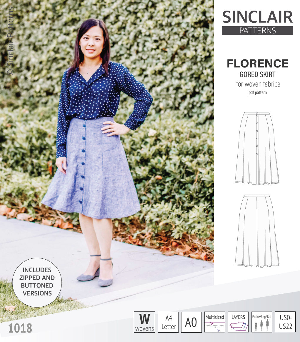 Pdf sewing pattern S1018 Florence 8 gored skirt with buttons or zipper for woven fabrics by Sinclair Patterns