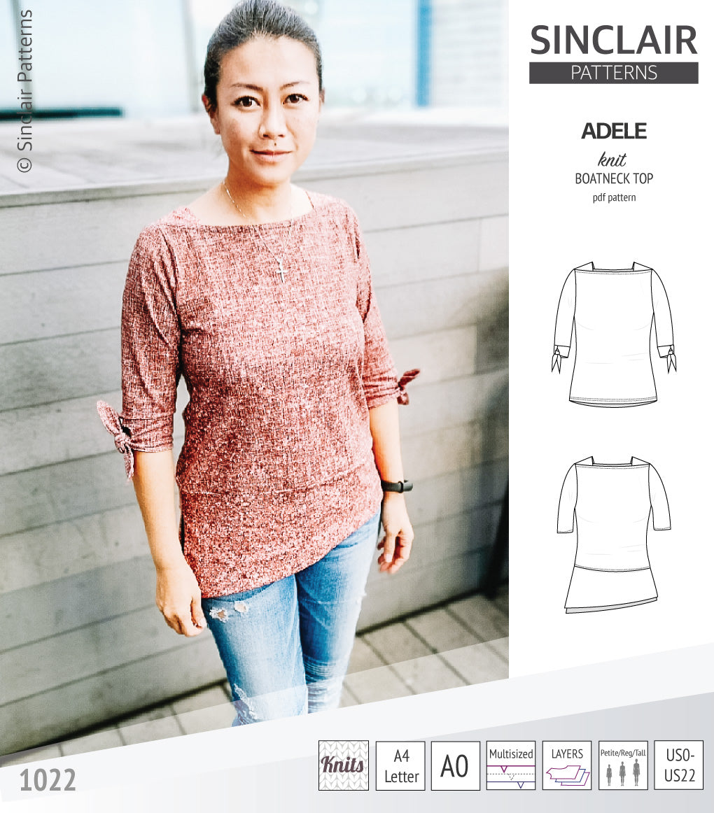 Pdf sewing pattern S1022 Adele knit boatneck top with shoulder inserts and tied sleeves by Sinclair Patterns