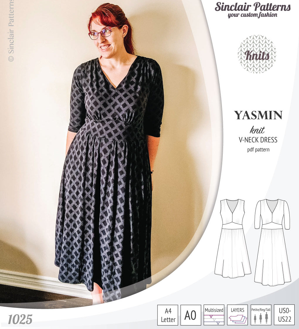 Pdf sewing patterns - S1025 Yasmin knit V neck dress with gathered or flared skirt by Sinclair Patterns