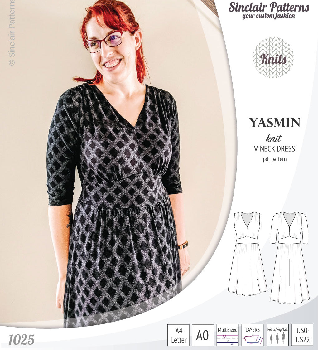 Pdf sewing patterns - S1025 Yasmin knit V neck dress with gathered or flared skirt by Sinclair Patterns
