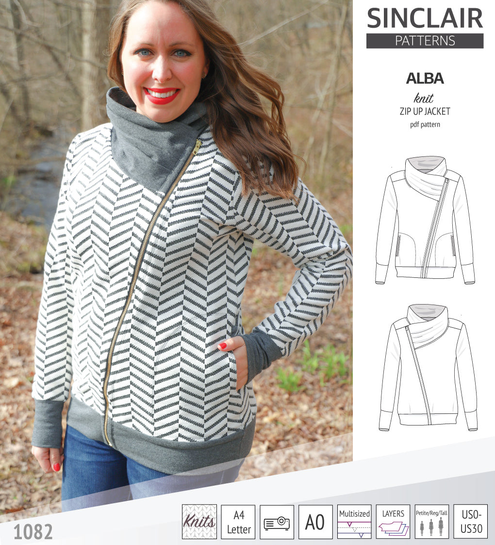 Sinclair Patterns S1082 Alba asymmetrical zip up zipper hoodie jacket for women with pockets pdf sewing pattern