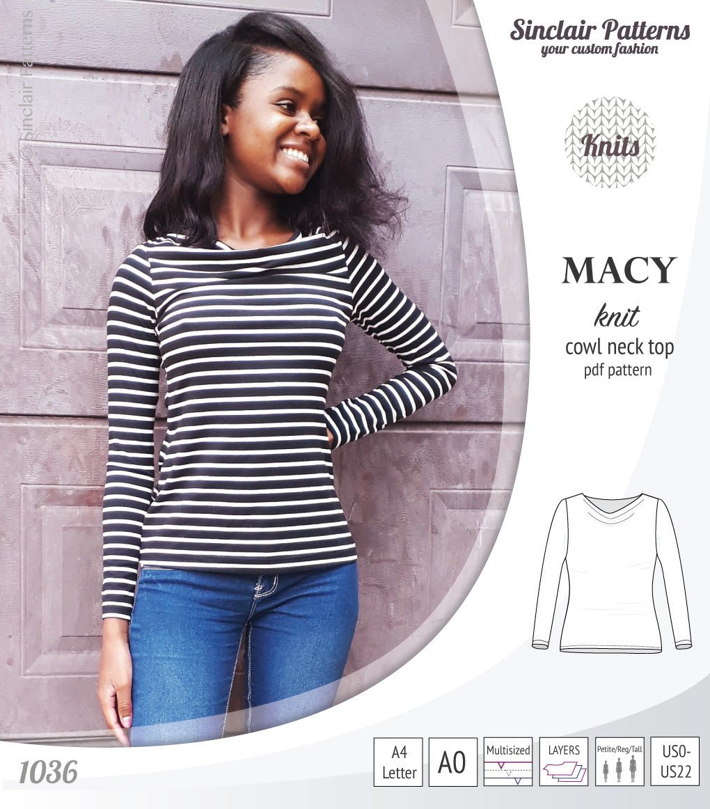 Pdf sewing pattern Macy cowl neck top by Sinclair Patterns