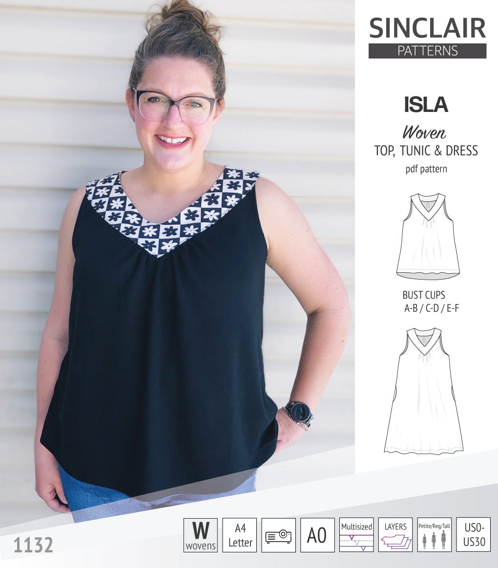 Isla Sewing Pattern Isla V-neck sleeveless top, tunic and dress for woven and knit fabrics ...