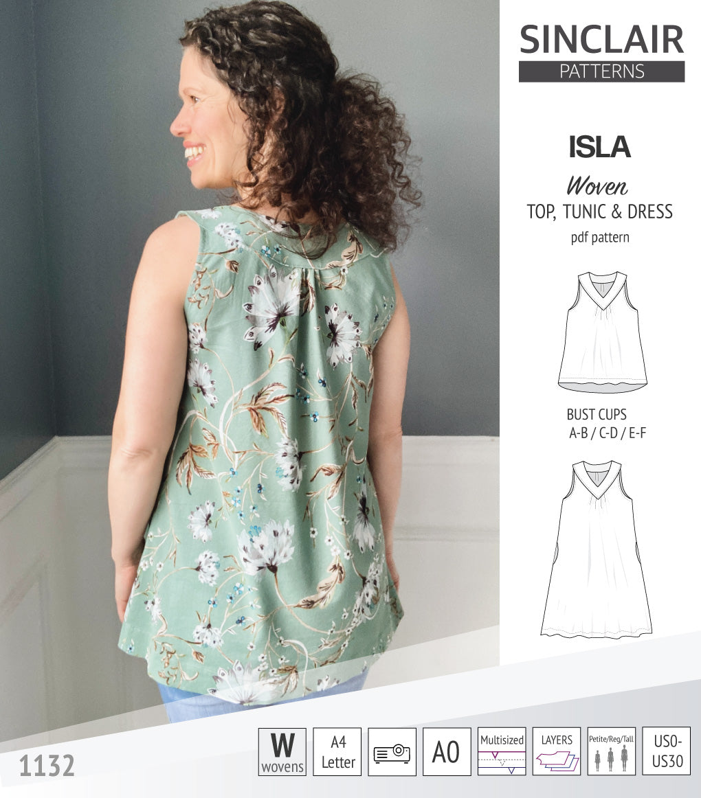 Isla Sewing Pattern Isla V-neck sleeveless top, tunic and dress for woven and knit fabrics ...