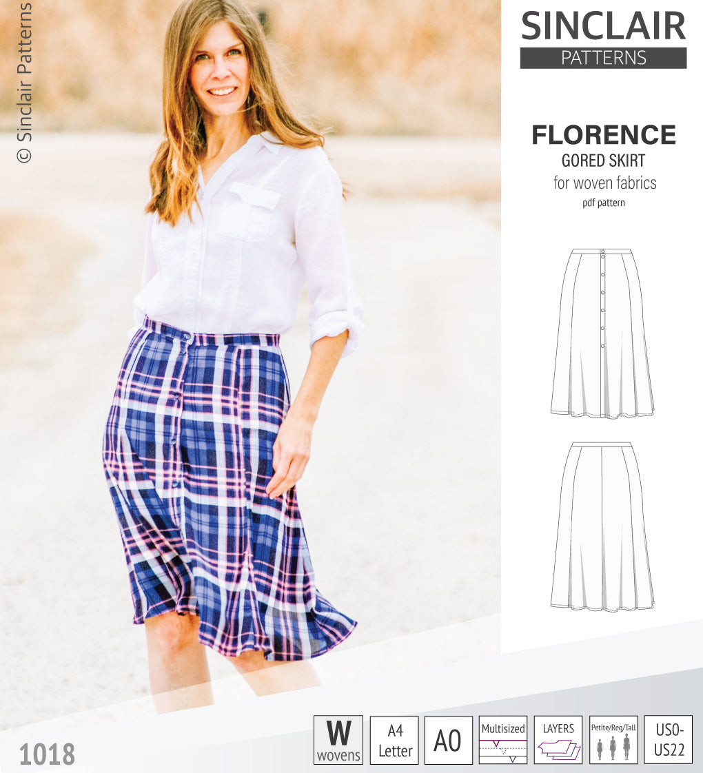Pdf sewing pattern S1018 Florence 8 gored skirt with buttons or zipper for woven fabrics by Sinclair Patterns