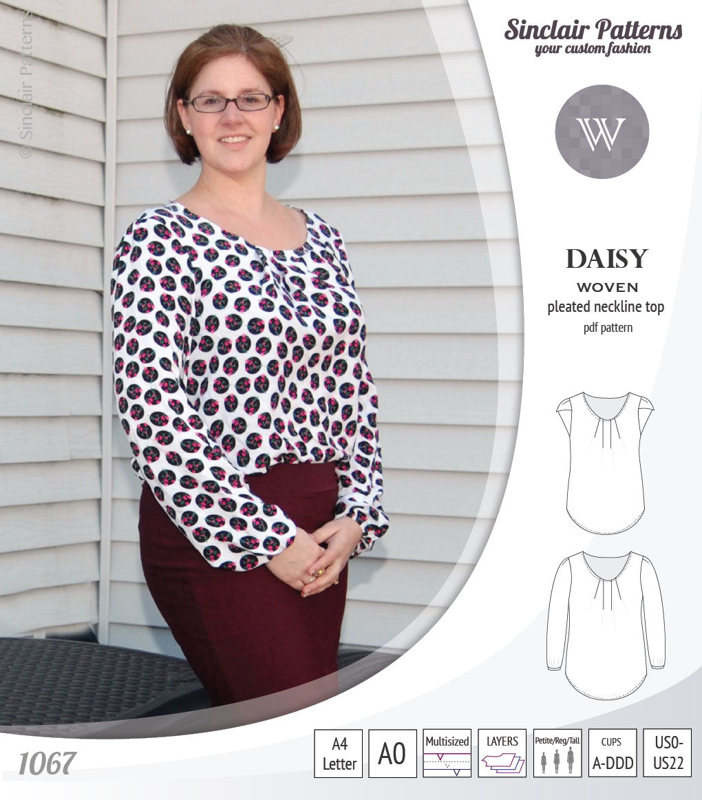 Pdf sewing pattern Daisy woven blouse top with pleated neckline and petal sleeves Sinclair Patterns