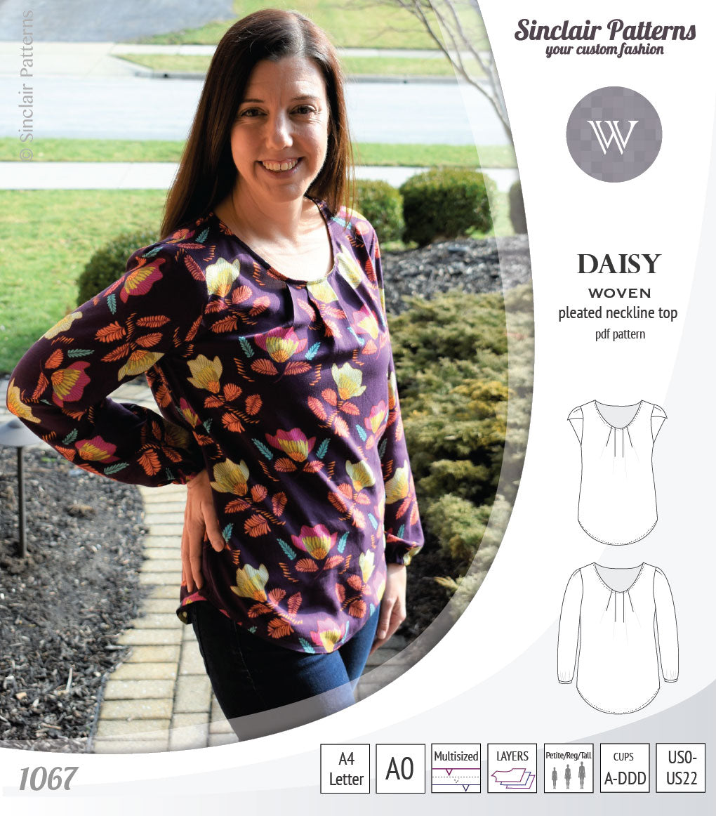 Pdf sewing pattern Daisy woven blouse top with pleated neckline and petal sleeves Sinclair Patterns