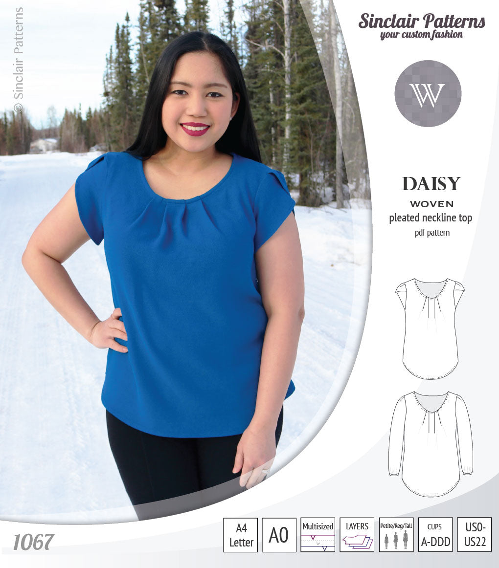 Pdf sewing pattern Daisy woven blouse top with pleated neckline and petal sleeves Sinclair Patterns