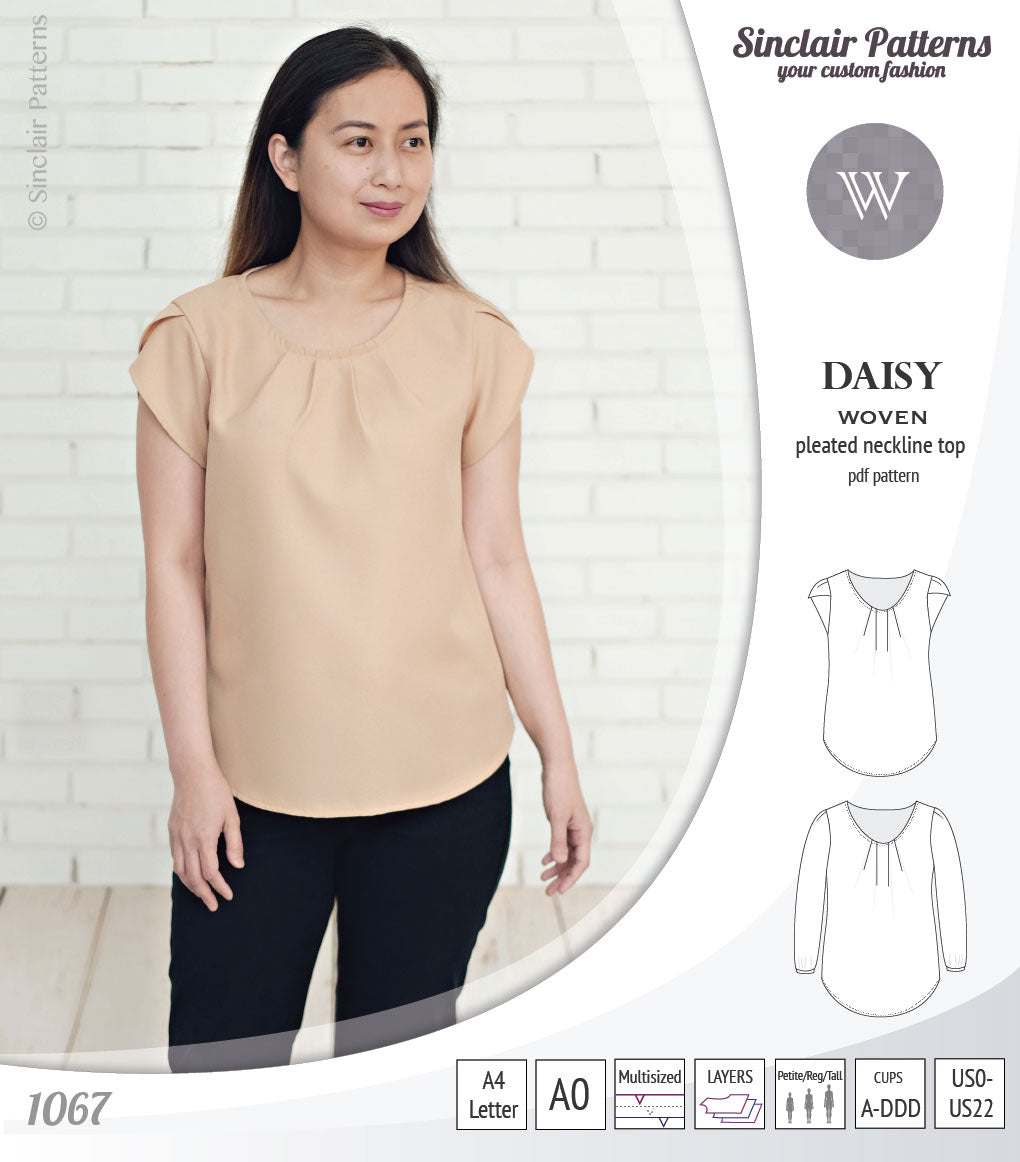Pdf sewing pattern Daisy woven blouse top with pleated neckline and petal sleeves Sinclair Patterns