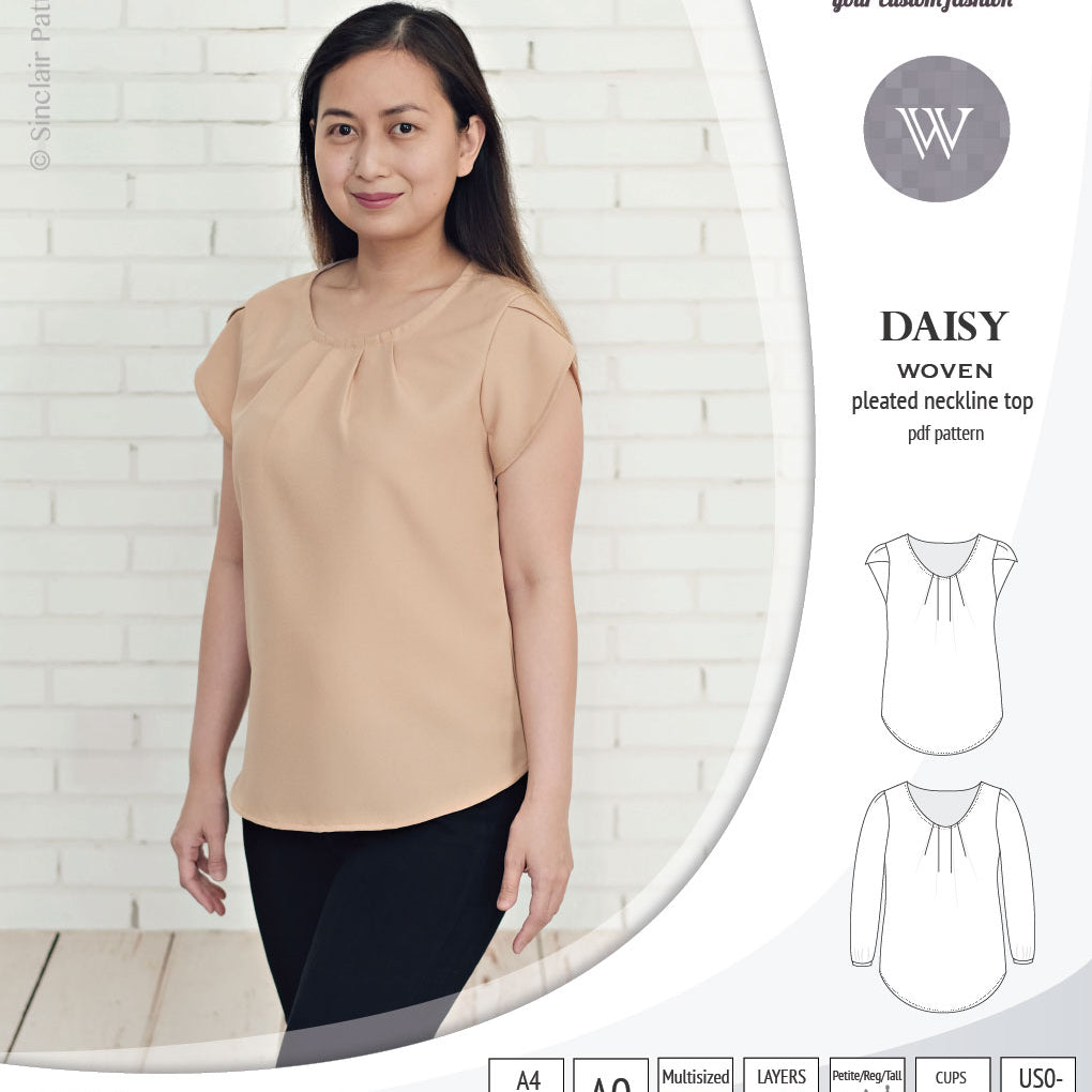 Pdf sewing pattern Daisy woven blouse top with pleated neckline and petal sleeves Sinclair Patterns