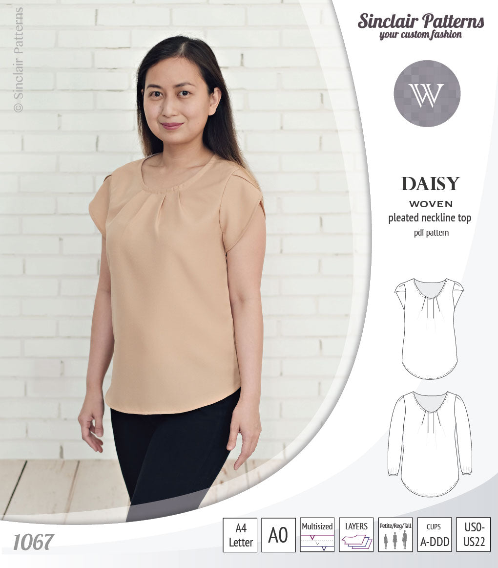 Pdf sewing pattern Daisy woven blouse top with pleated neckline and petal sleeves Sinclair Patterns
