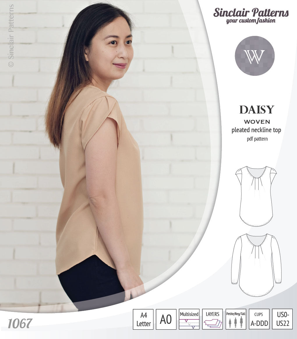 Pdf sewing pattern Daisy woven blouse top with pleated neckline and petal sleeves Sinclair Patterns