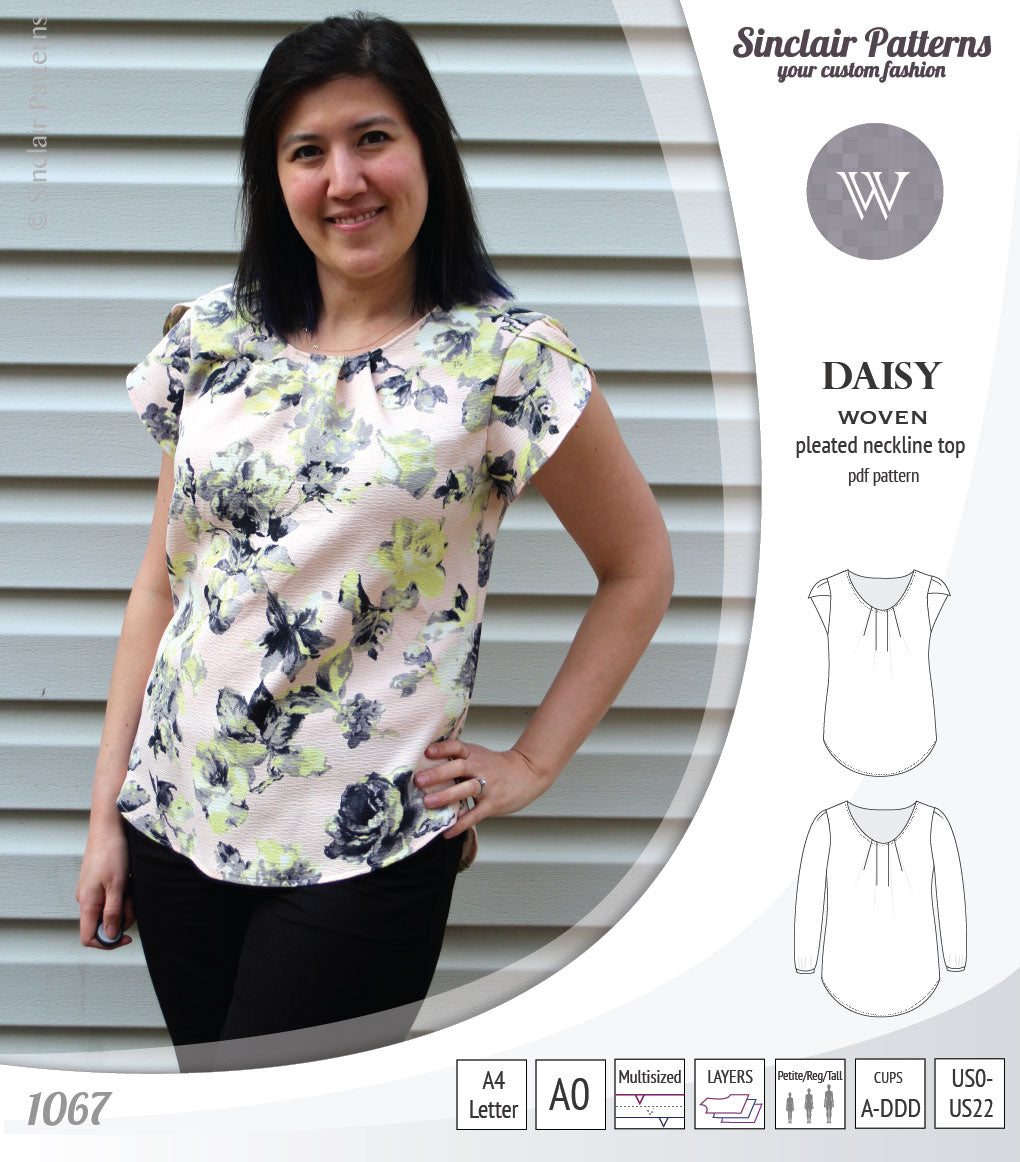 Pdf sewing pattern Daisy woven blouse top with pleated neckline and petal sleeves Sinclair Patterns