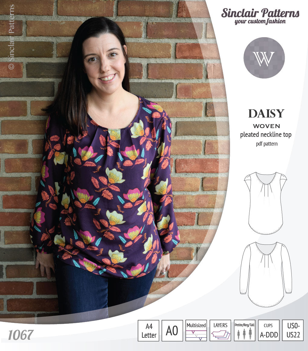 Pdf sewing pattern Daisy woven blouse top with pleated neckline and petal sleeves Sinclair Patterns