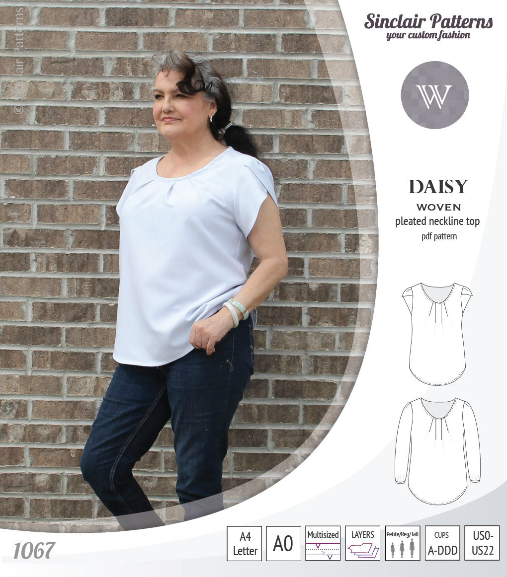 Pdf sewing pattern Daisy woven blouse top with pleated neckline and petal sleeves Sinclair Patterns