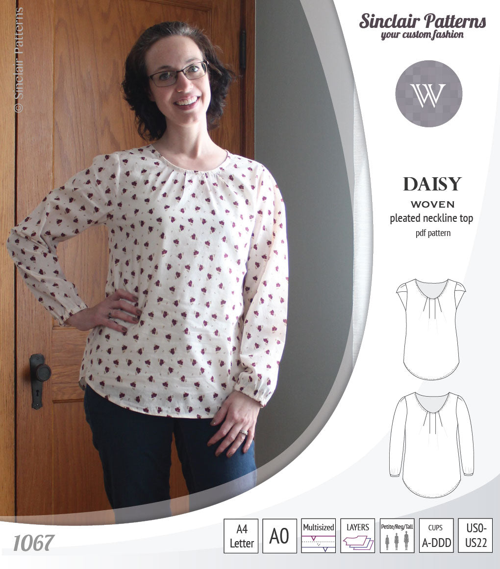Pdf sewing pattern Daisy woven blouse top with pleated neckline and petal sleeves Sinclair Patterns