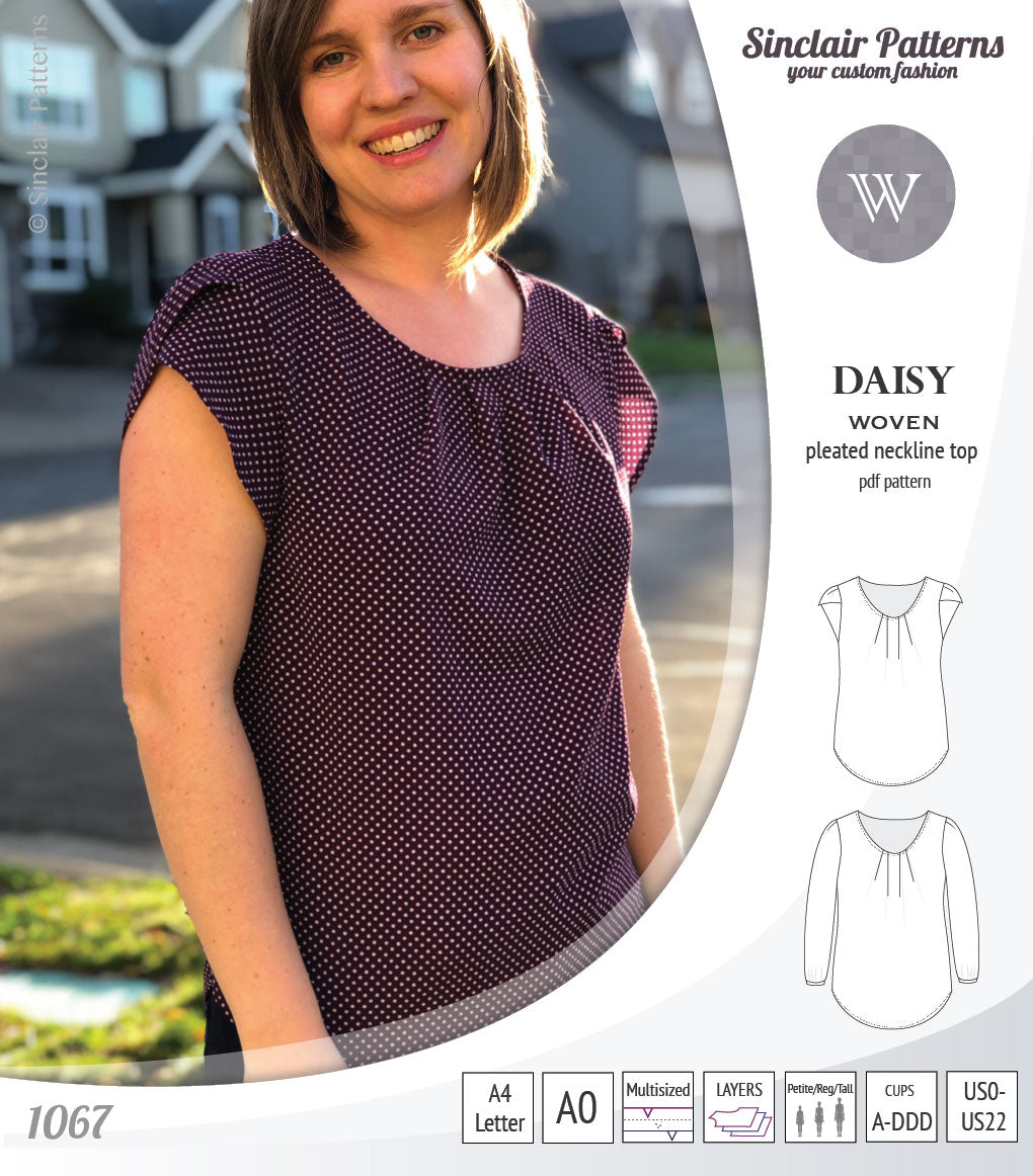Pdf sewing pattern Daisy woven blouse top with pleated neckline and petal sleeves Sinclair Patterns