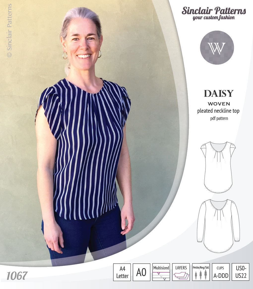 Pdf sewing pattern Daisy woven blouse top with pleated neckline and petal sleeves Sinclair Patterns
