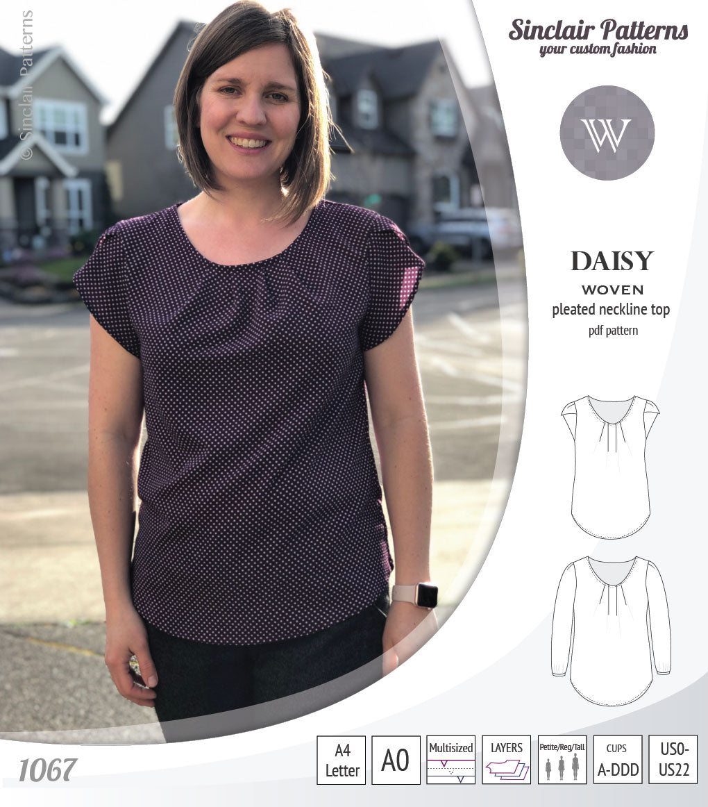 Pdf sewing pattern Daisy woven blouse top with pleated neckline and petal sleeves Sinclair Patterns