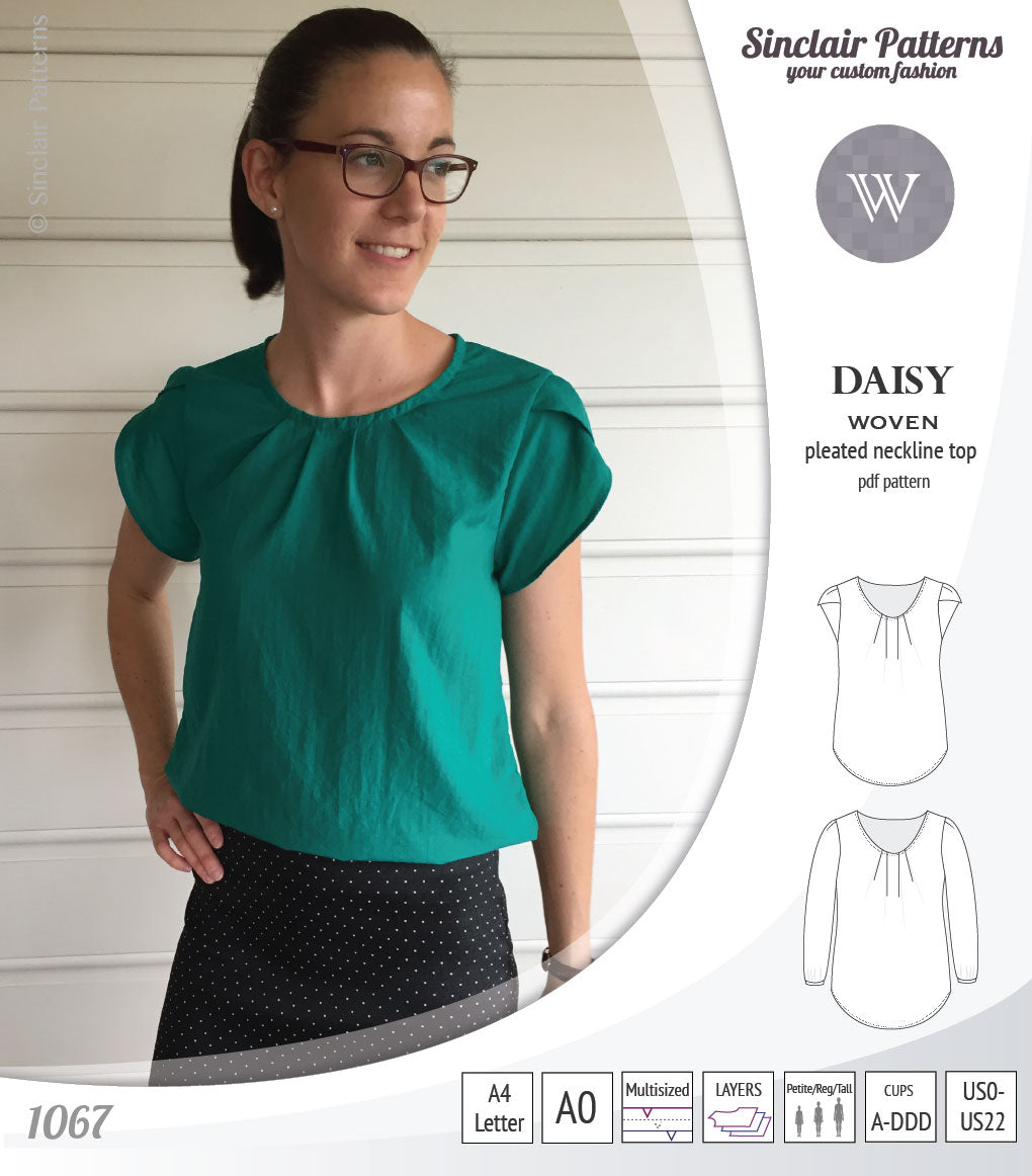 Pdf sewing pattern Daisy woven blouse top with pleated neckline and petal sleeves Sinclair Patterns