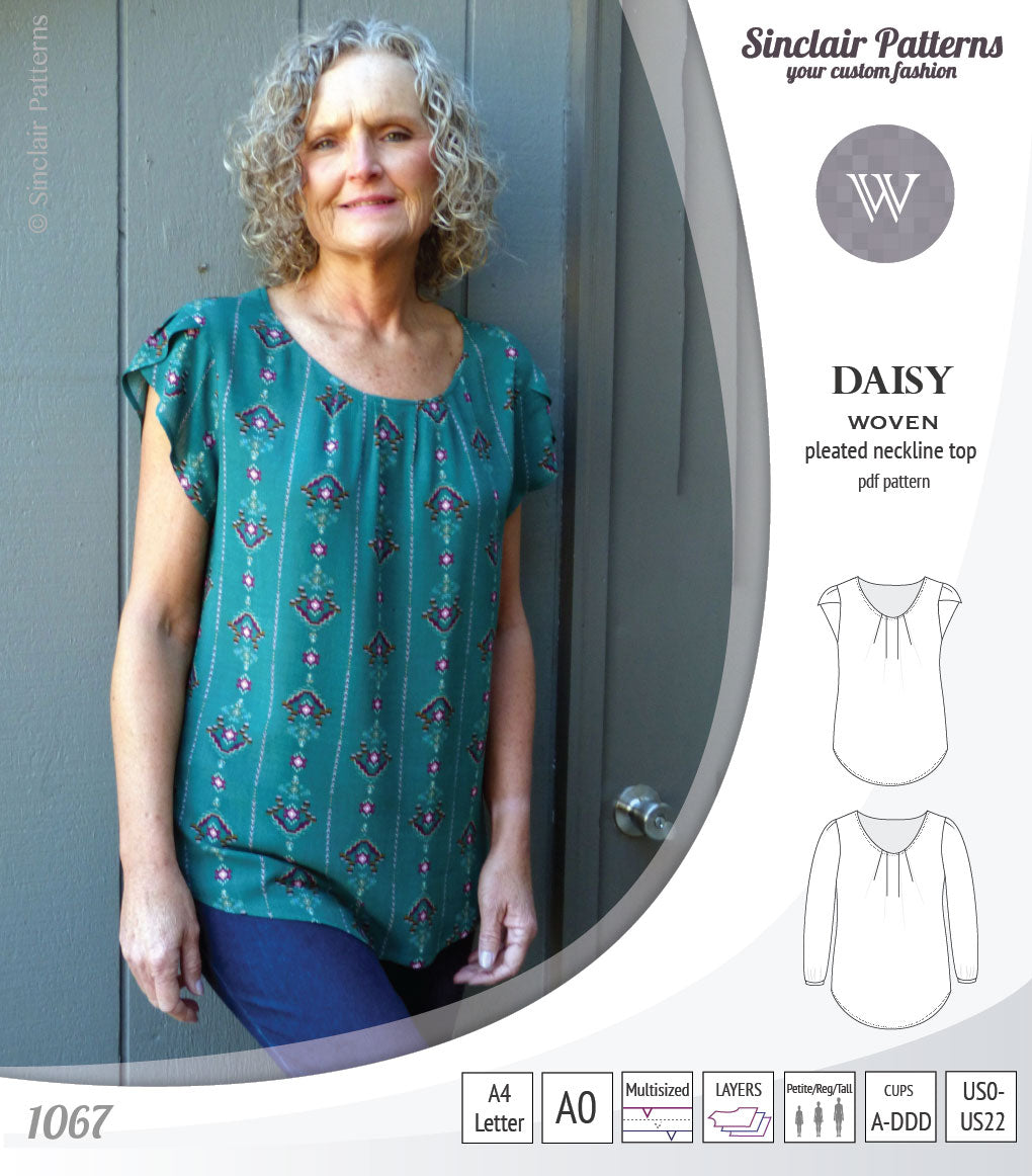 Pdf sewing pattern Daisy woven blouse top with pleated neckline and petal sleeves Sinclair Patterns