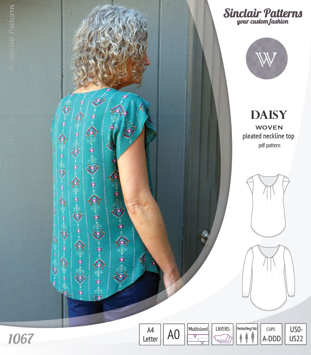 Pdf sewing pattern Daisy woven blouse top with pleated neckline and petal sleeves Sinclair Patterns