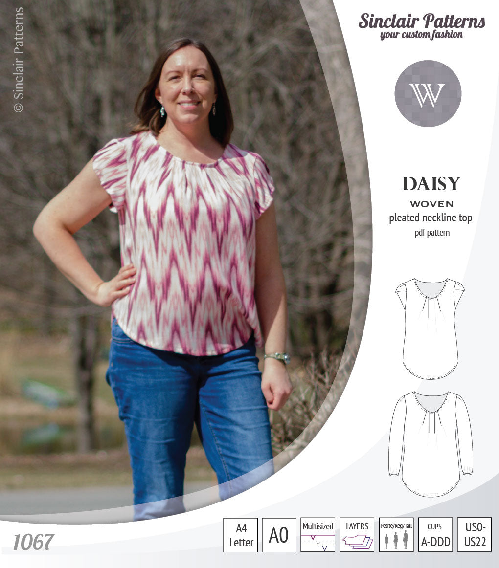 Pdf sewing pattern Daisy woven blouse top with pleated neckline and petal sleeves Sinclair Patterns