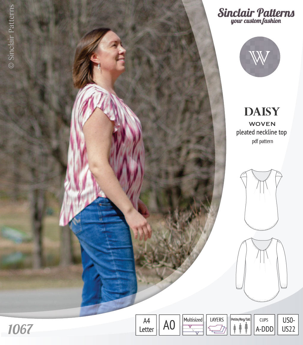 Pdf sewing pattern Daisy woven blouse top with pleated neckline and petal sleeves Sinclair Patterns