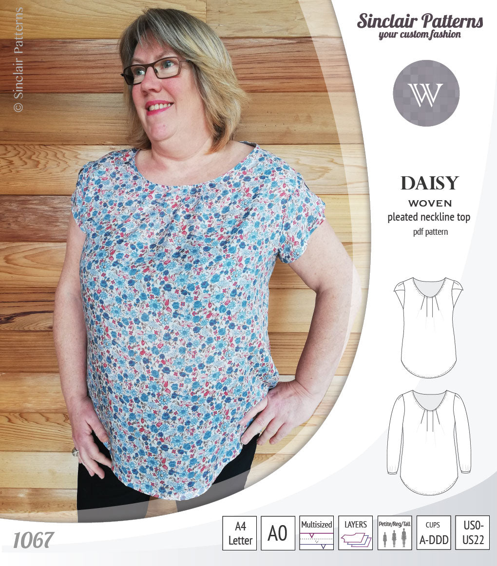 Pdf sewing pattern Daisy woven blouse top with pleated neckline and petal sleeves Sinclair Patterns