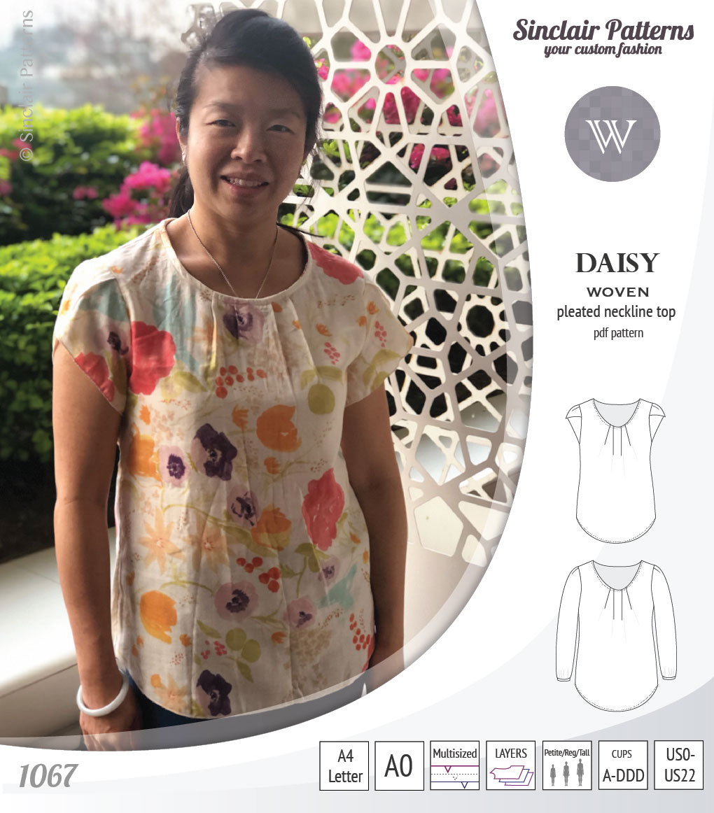 Pdf sewing pattern Daisy woven blouse top with pleated neckline and petal sleeves Sinclair Patterns
