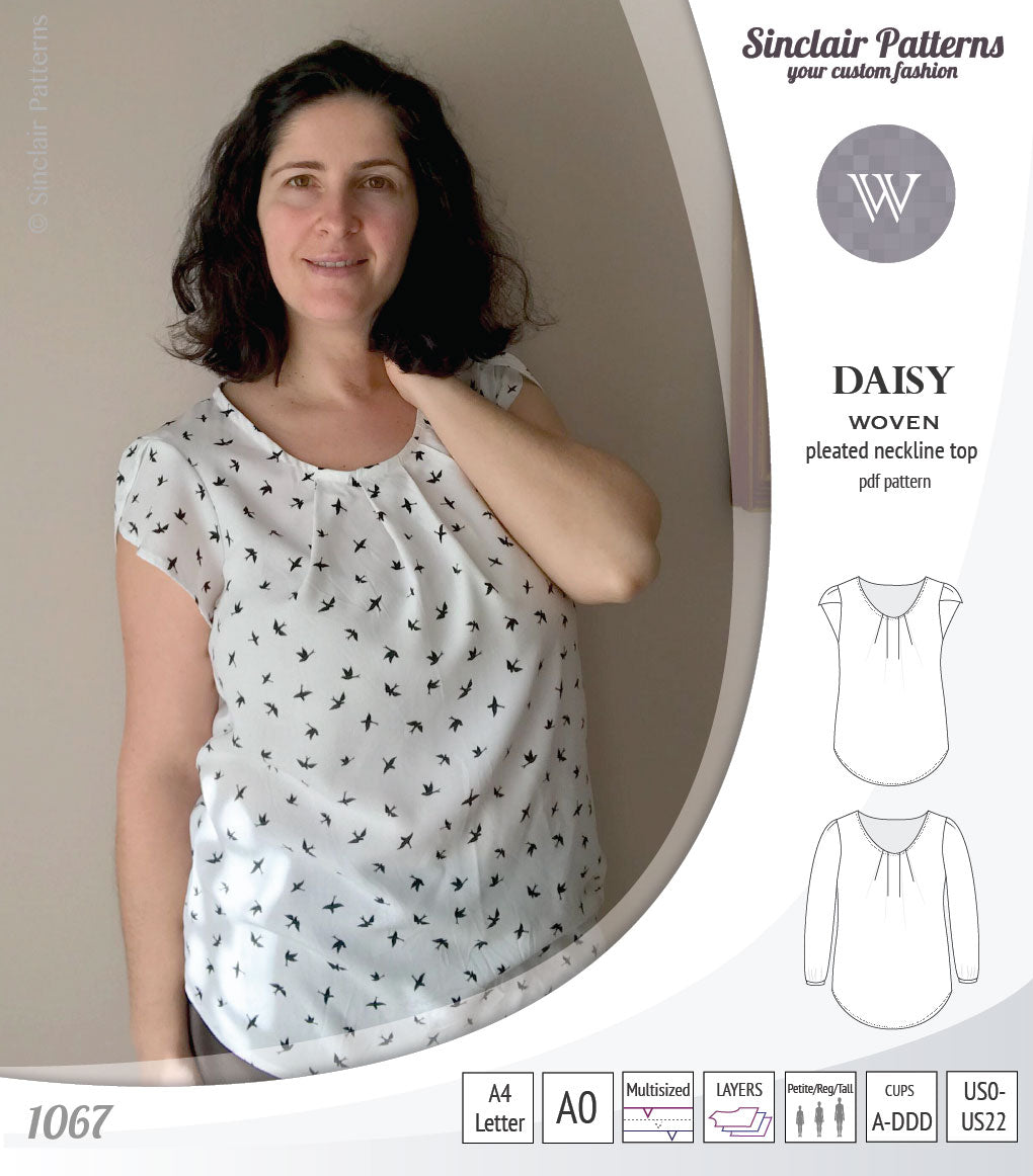 Pdf sewing pattern Daisy woven blouse top with pleated neckline and petal sleeves Sinclair Patterns