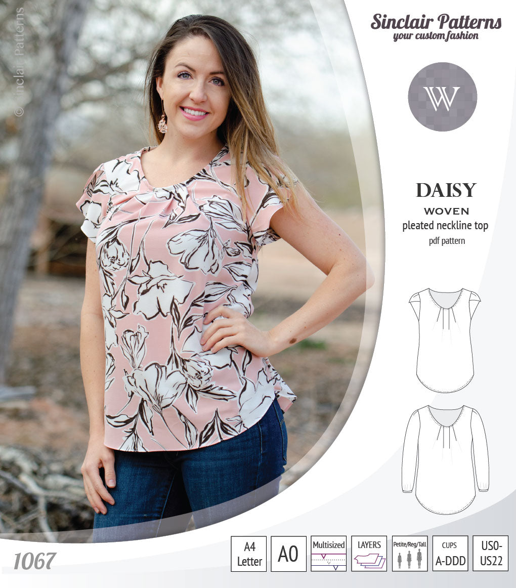 Pdf sewing pattern Daisy woven blouse top with pleated neckline and petal sleeves Sinclair Patterns