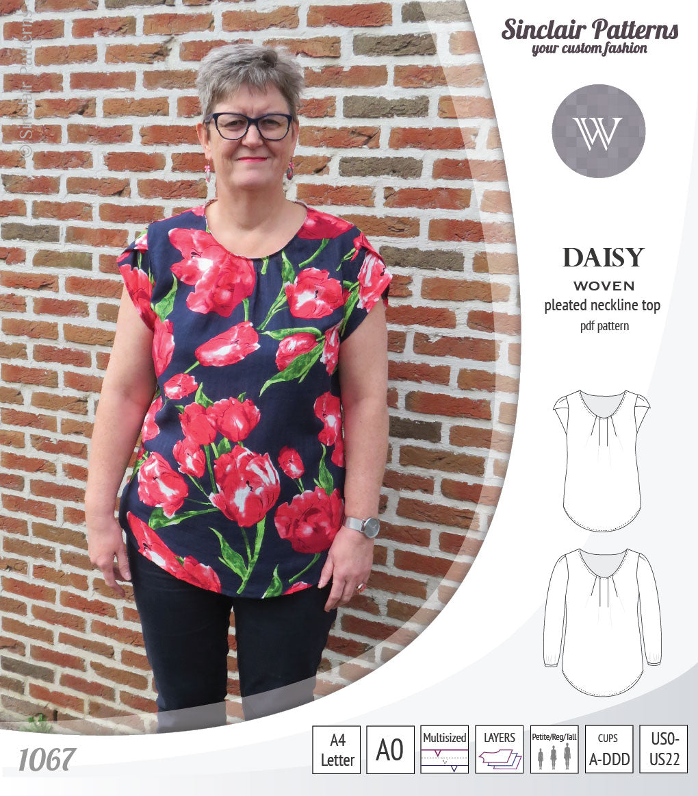 Pdf sewing pattern Daisy woven blouse top with pleated neckline and petal sleeves Sinclair Patterns