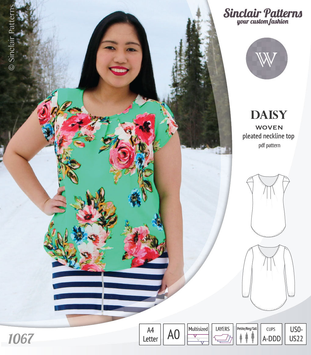 Pdf sewing pattern Daisy woven blouse top with pleated neckline and petal sleeves Sinclair Patterns
