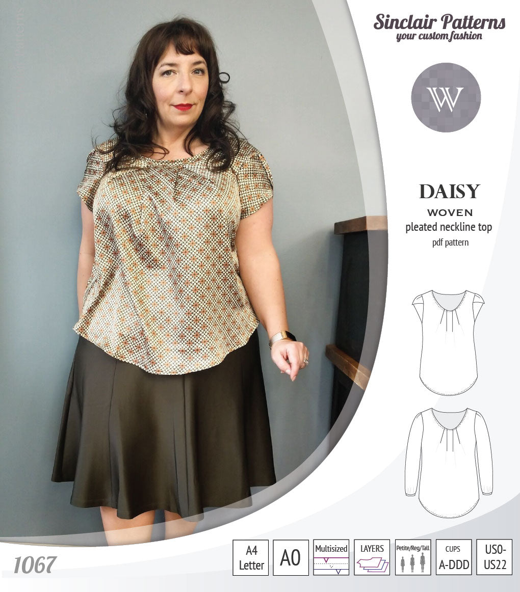 Pdf sewing pattern Daisy woven blouse top with pleated neckline and petal sleeves Sinclair Patterns