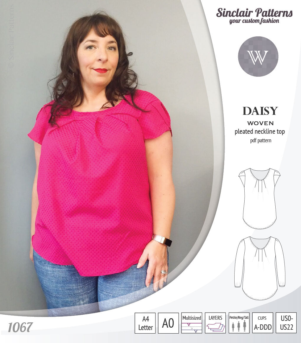 Pdf sewing pattern Daisy woven blouse top with pleated neckline and petal sleeves Sinclair Patterns