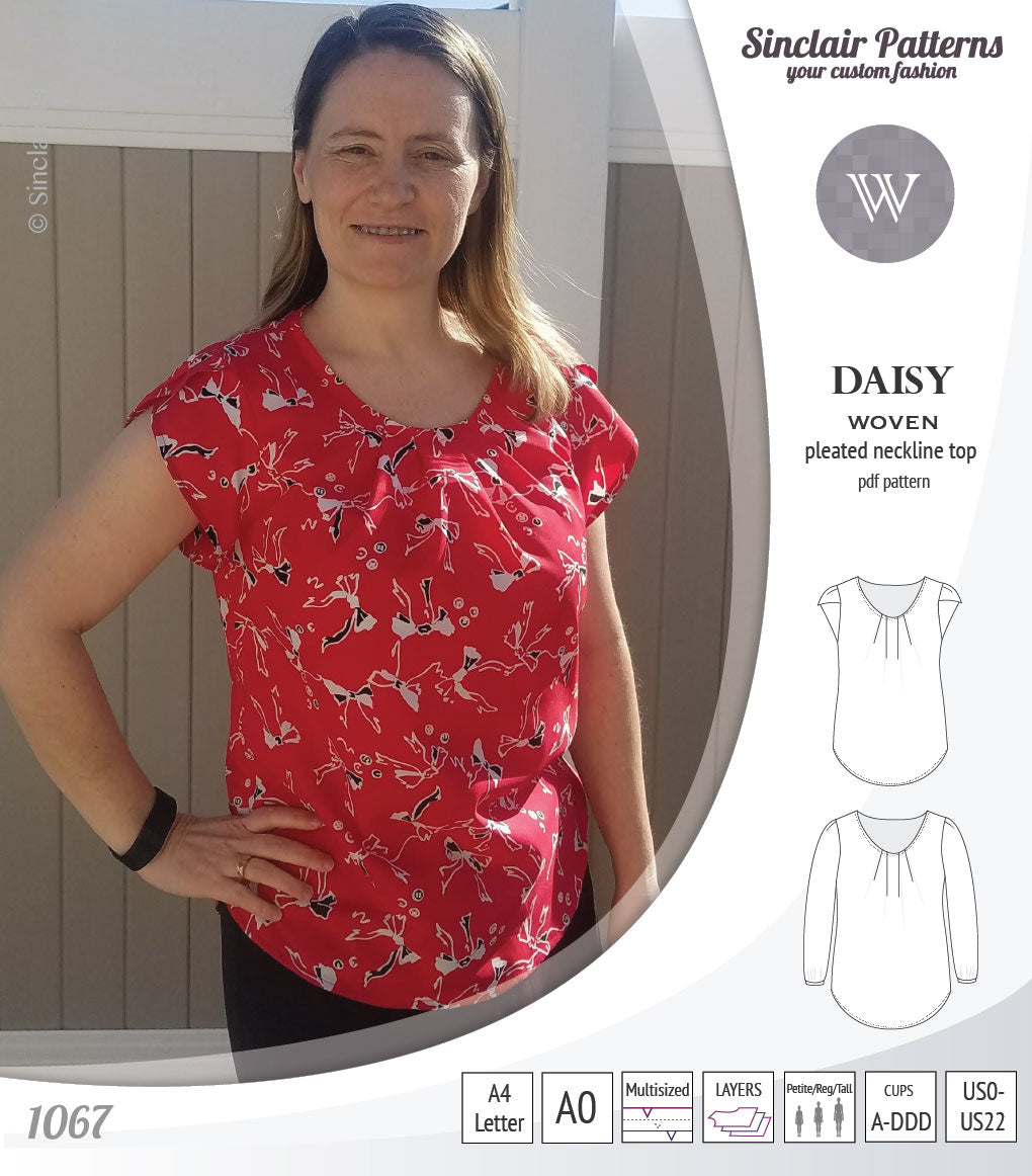 Pdf sewing pattern Daisy woven blouse top with pleated neckline and petal sleeves Sinclair Patterns