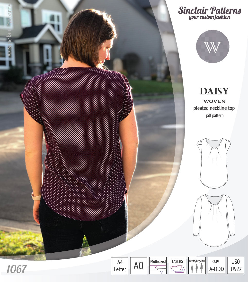 Pdf sewing pattern Daisy woven blouse top with pleated neckline and petal sleeves Sinclair Patterns