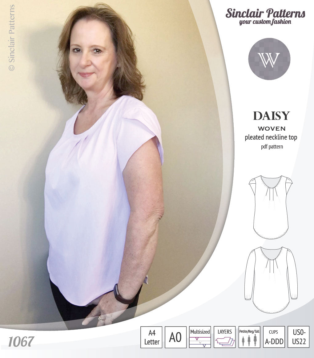 Pdf sewing pattern Daisy woven blouse top with pleated neckline and petal sleeves Sinclair Patterns