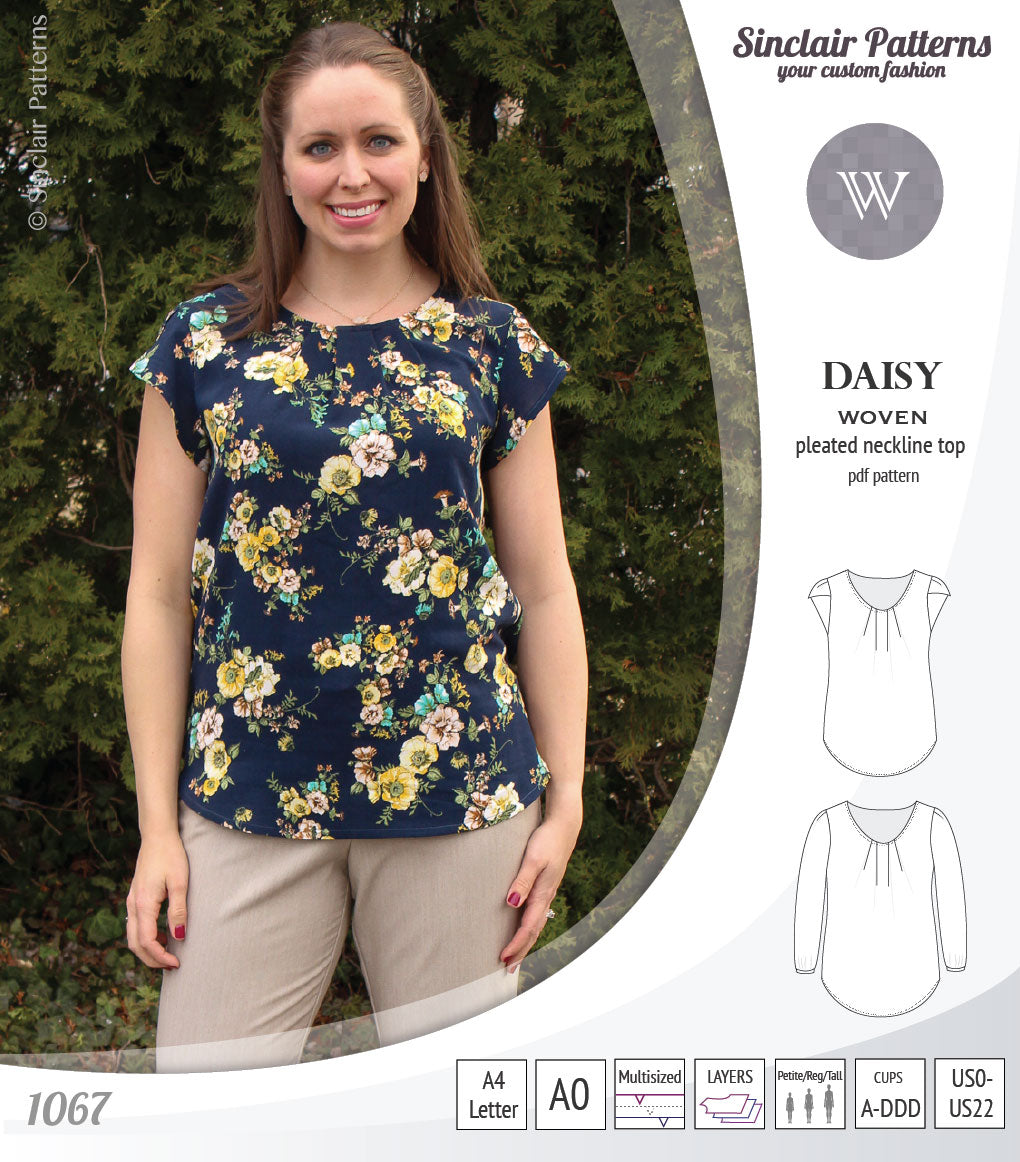 Pdf sewing pattern Daisy woven blouse top with pleated neckline and petal sleeves Sinclair Patterns