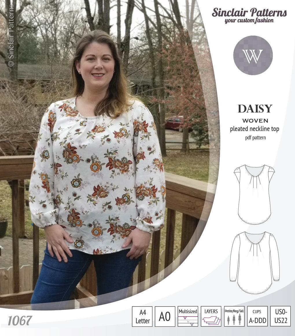Pdf sewing pattern Daisy woven blouse top with pleated neckline and petal sleeves Sinclair Patterns