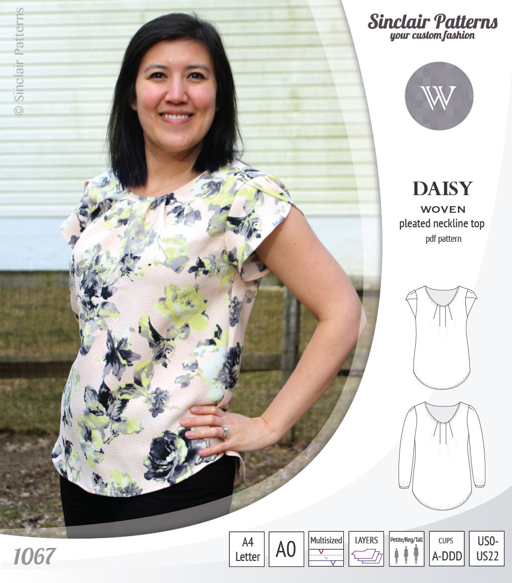 Pdf sewing pattern Daisy woven blouse top with pleated neckline and petal sleeves Sinclair Patterns