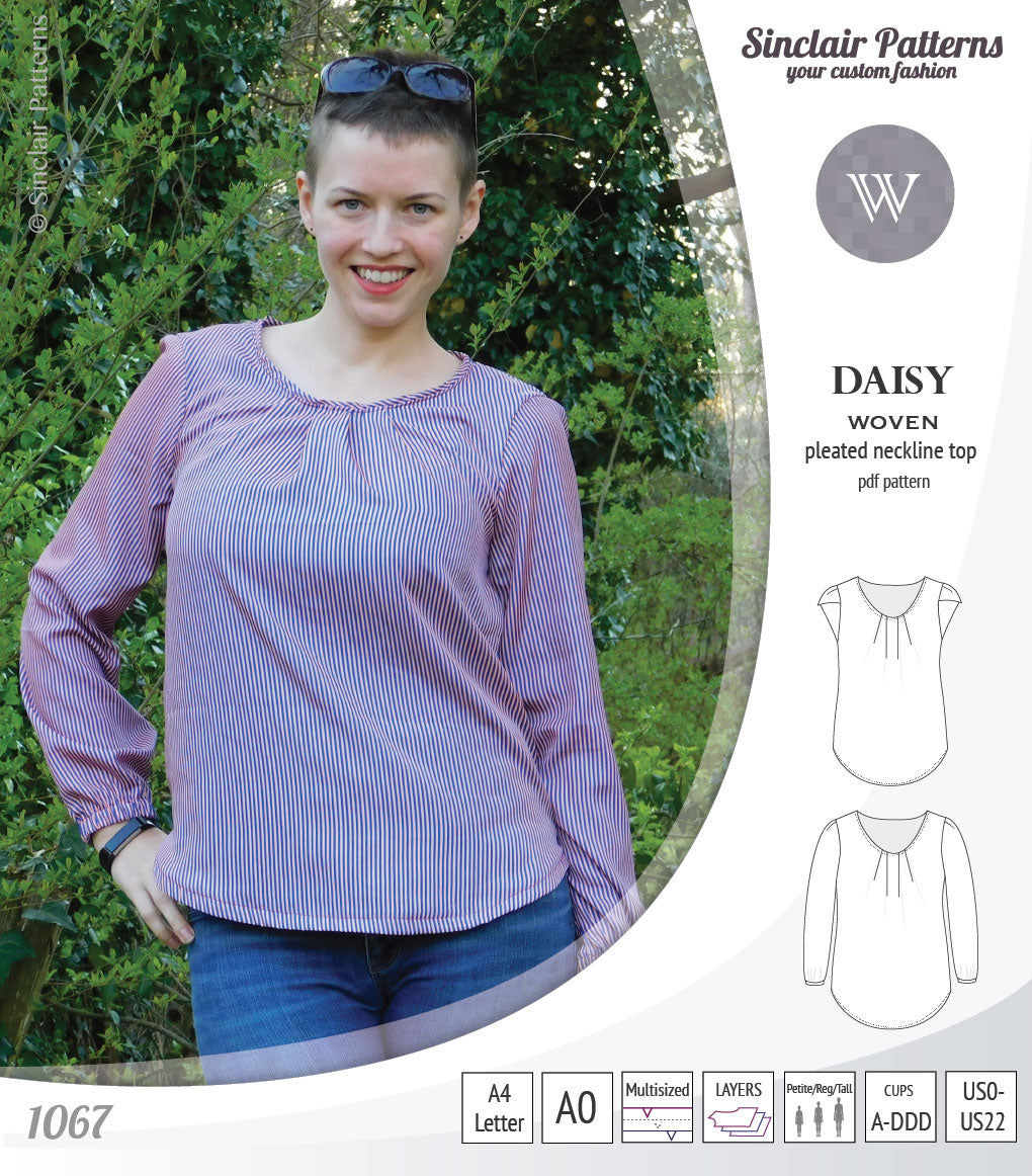 Pdf sewing pattern Daisy woven blouse top with pleated neckline and petal sleeves Sinclair Patterns