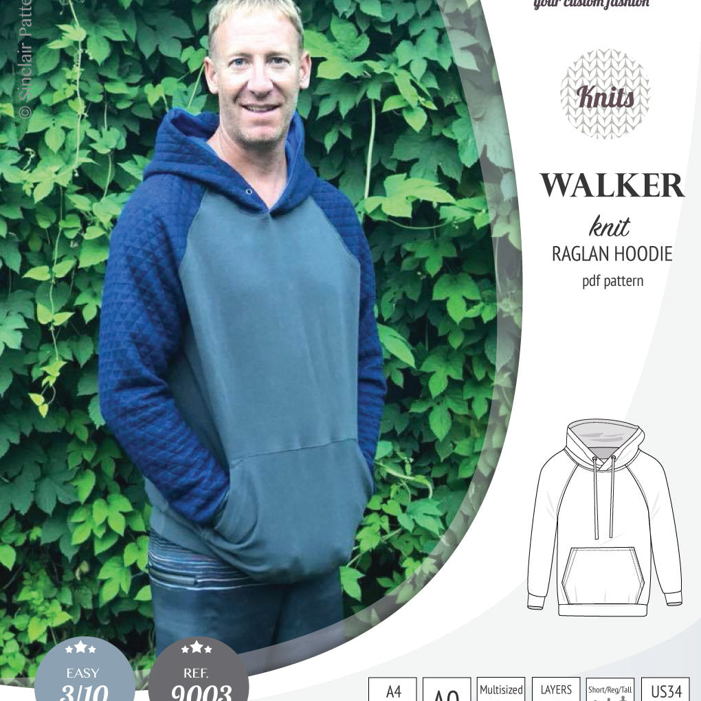 Sewing pattern pdf S9003 Walker knit raglan hoodie for men by Sinclair Patterns