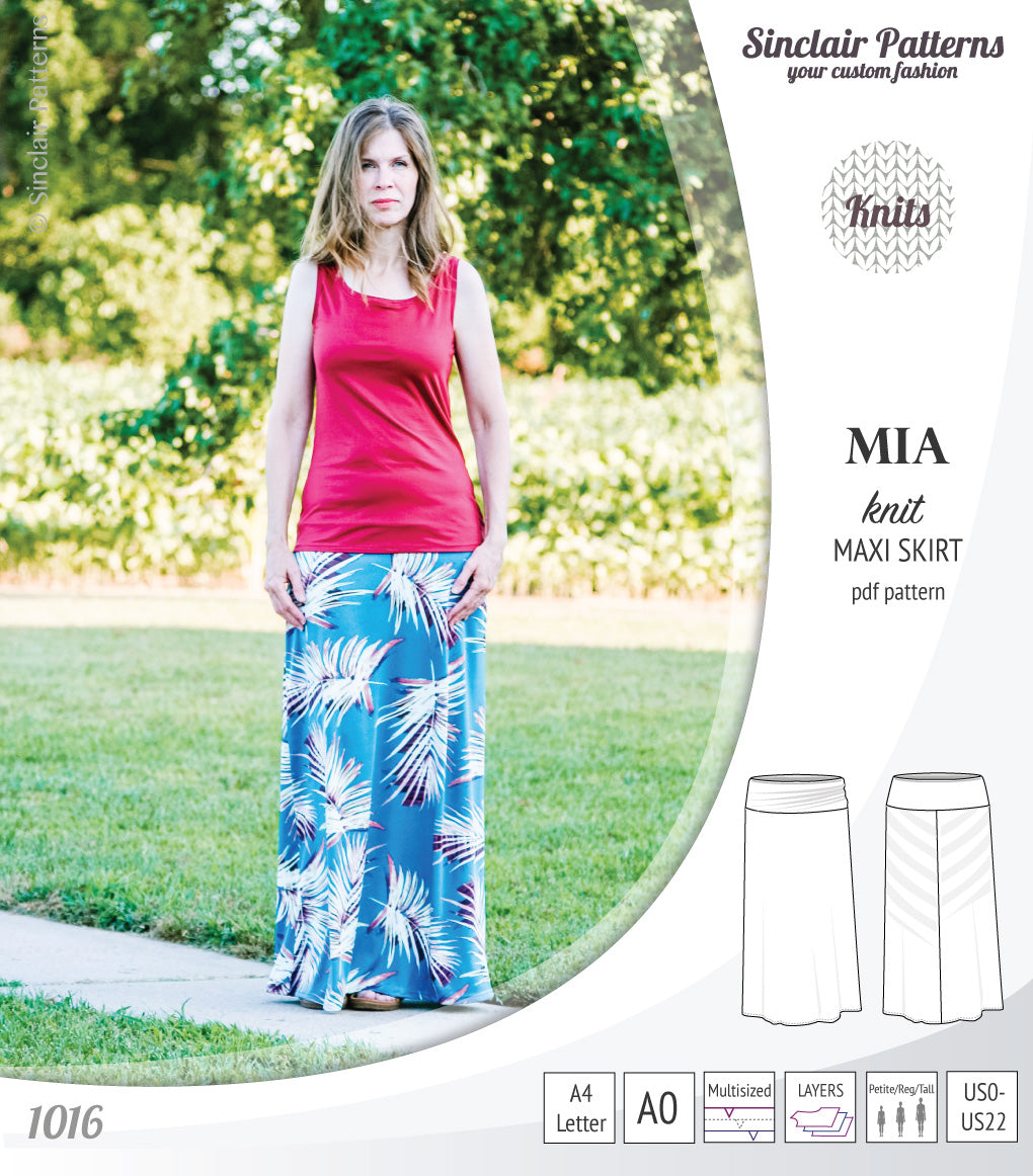 Pdf sewing pattern Mia knit jersey maxi or midi skirt with yoga waistband and side slits