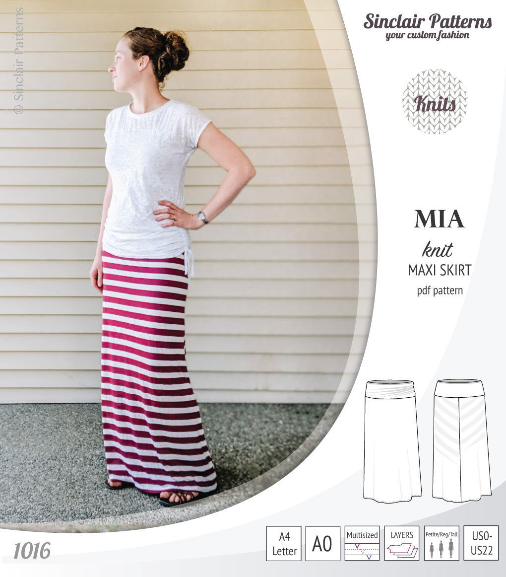Pdf sewing pattern Mia knit jersey maxi or midi skirt with yoga waistband and side slits