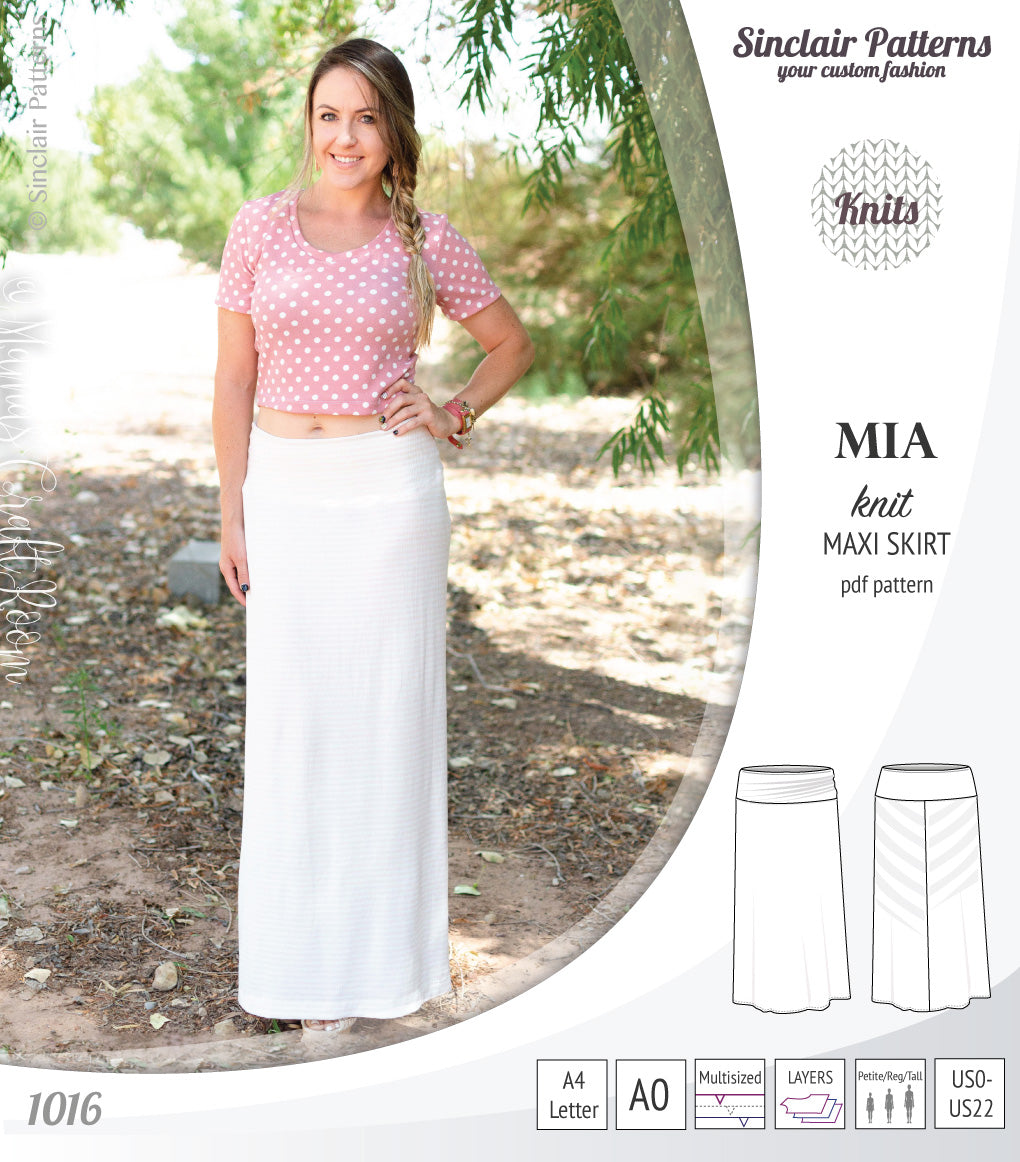 Pdf sewing pattern Mia knit jersey maxi or midi skirt with yoga waistband and side slits