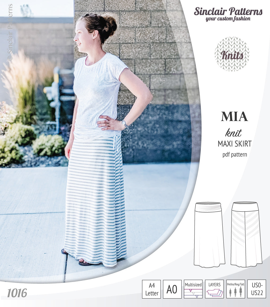 Pdf sewing pattern Mia knit jersey maxi or midi skirt with yoga waistband and side slits