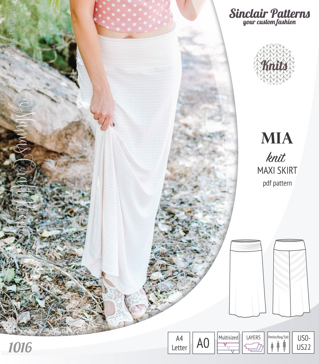Pdf sewing pattern Mia knit jersey maxi or midi skirt with yoga waistband and side slits