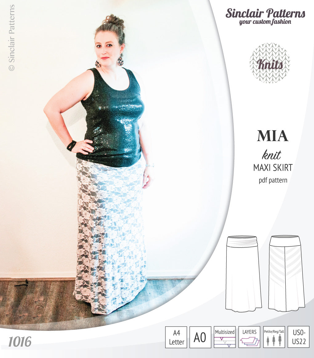 Pdf sewing pattern Mia knit jersey maxi or midi skirt with yoga waistband and side slits